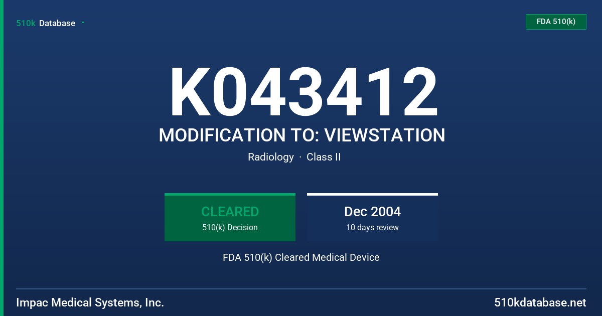 K043412 MODIFICATION TO: VIEWSTATION FDA 510(k) Cleared Medical Device