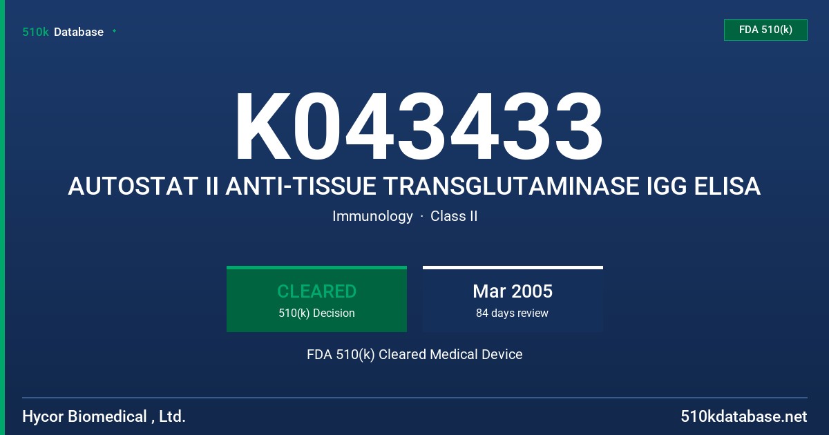 K043433 AUTOSTAT II ANTI-TISSUE TRANSGLUTAMINASE IGG ELISA FDA 510(k) Cleared Medical Device