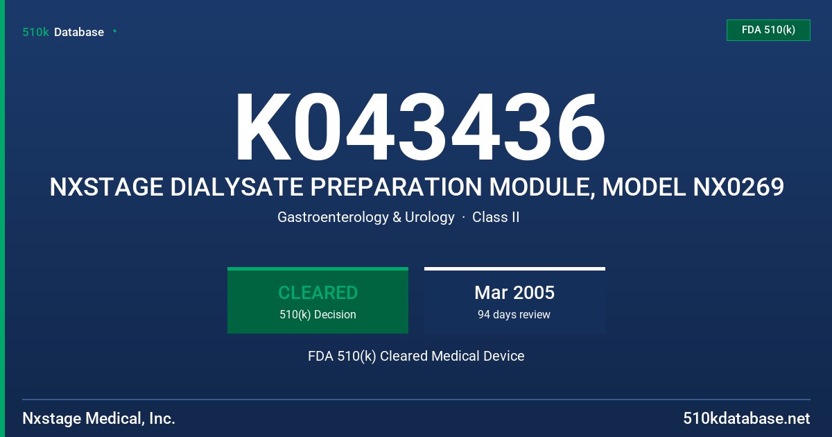 K043436 NXSTAGE DIALYSATE PREPARATION MODULE, MODEL NX0269 FDA 510(k) Cleared Medical Device