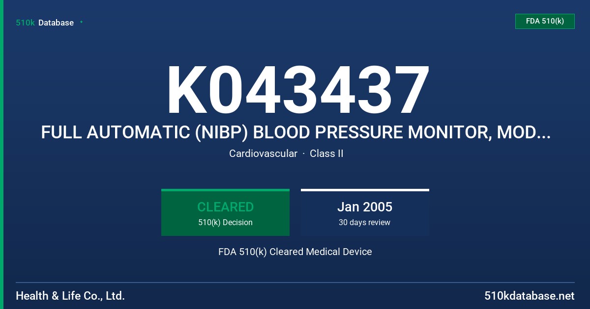 K043437 FULL AUTOMATIC (NIBP) BLOOD PRESSURE MONITOR, MODEL HL168ET FDA 510(k) Cleared Medical Device