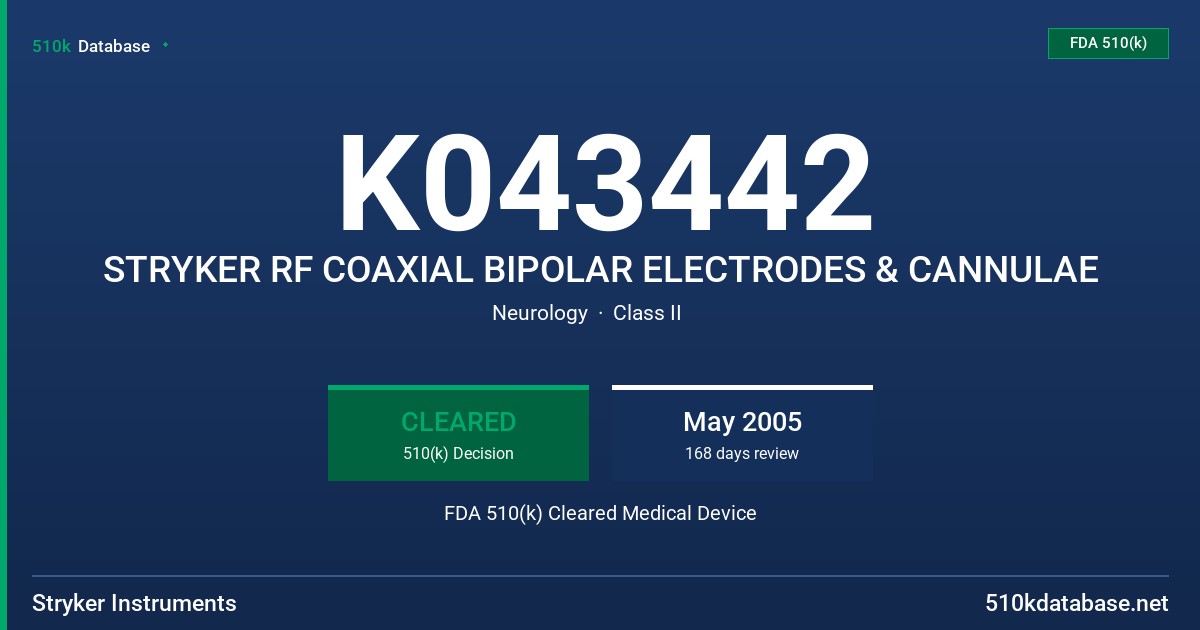 K043442 STRYKER RF COAXIAL BIPOLAR ELECTRODES & CANNULAE FDA 510(k) Cleared Medical Device