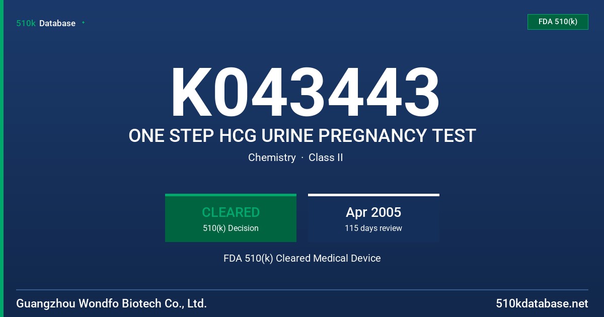 K043443 ONE STEP HCG URINE PREGNANCY TEST FDA 510(k) Cleared Medical Device