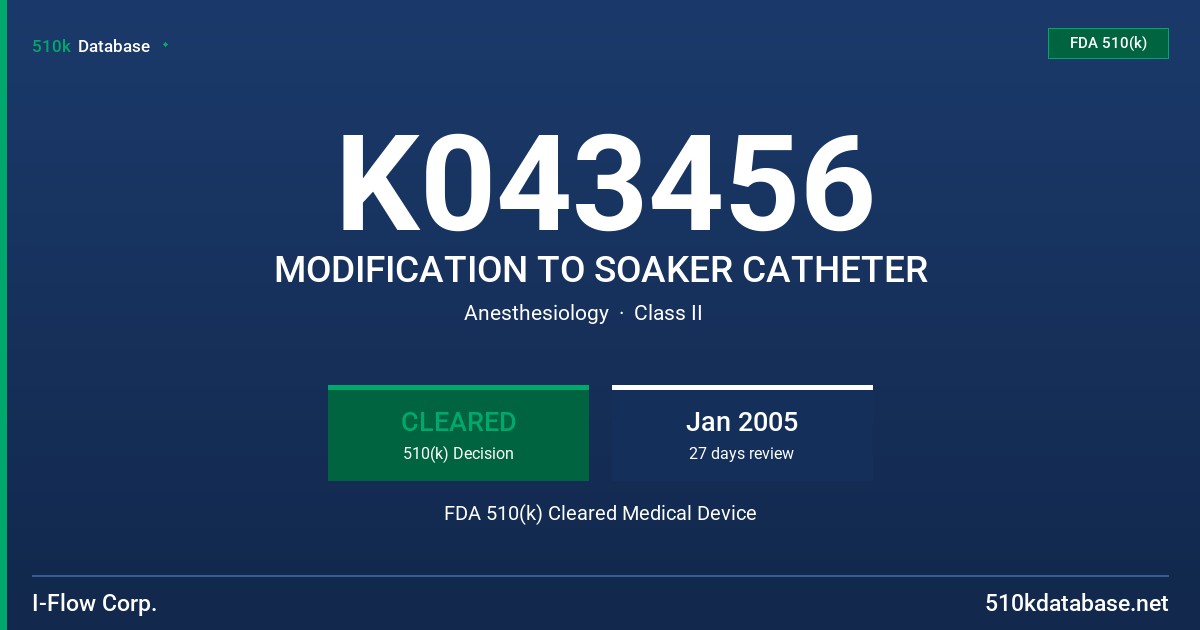 K043456 MODIFICATION TO SOAKER CATHETER FDA 510(k) Cleared Medical Device
