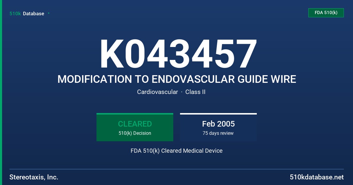 K043457 MODIFICATION TO ENDOVASCULAR GUIDE WIRE FDA 510(k) Cleared Medical Device