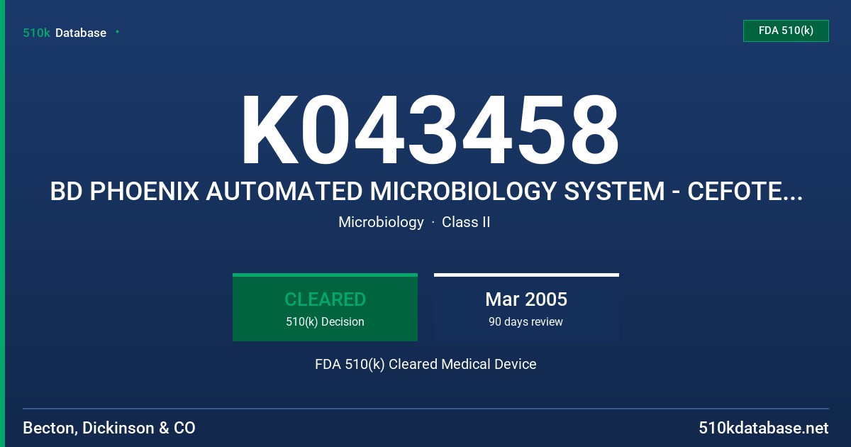 K043458 BD PHOENIX AUTOMATED MICROBIOLOGY SYSTEM - CEFOTETAN (GN) 2-64 UG/ML FDA 510(k) Cleared Medical Device