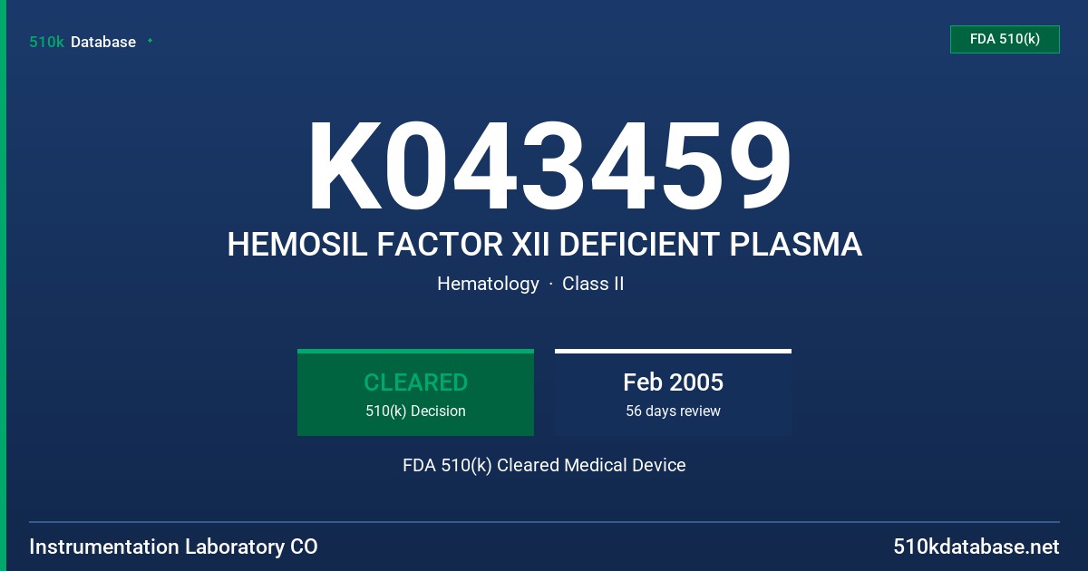 K043459 HEMOSIL FACTOR XII DEFICIENT PLASMA FDA 510(k) Cleared Medical Device