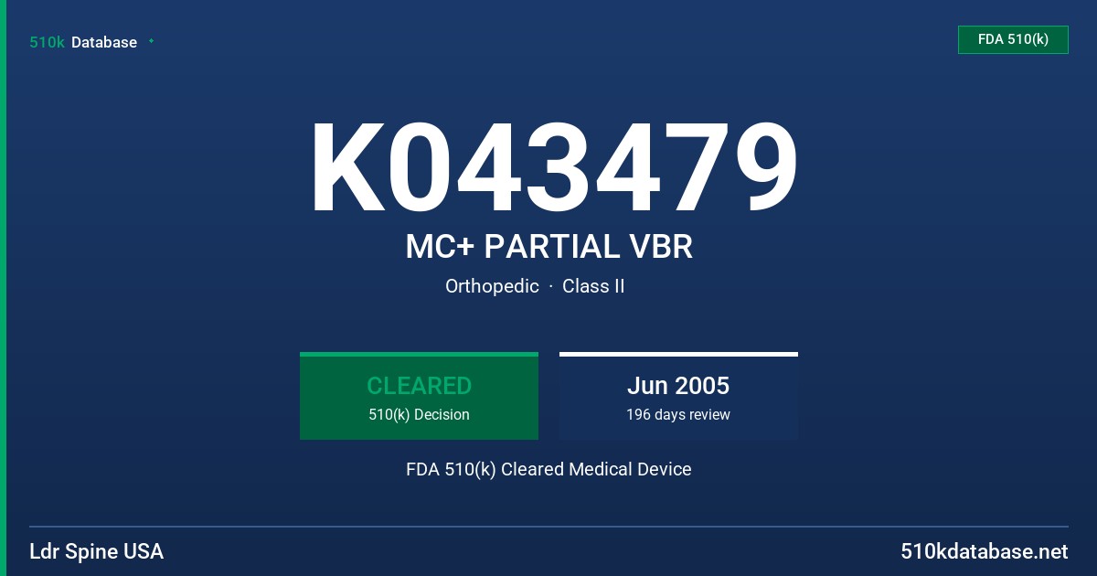 K043479 MC+ PARTIAL VBR FDA 510(k) Cleared Medical Device