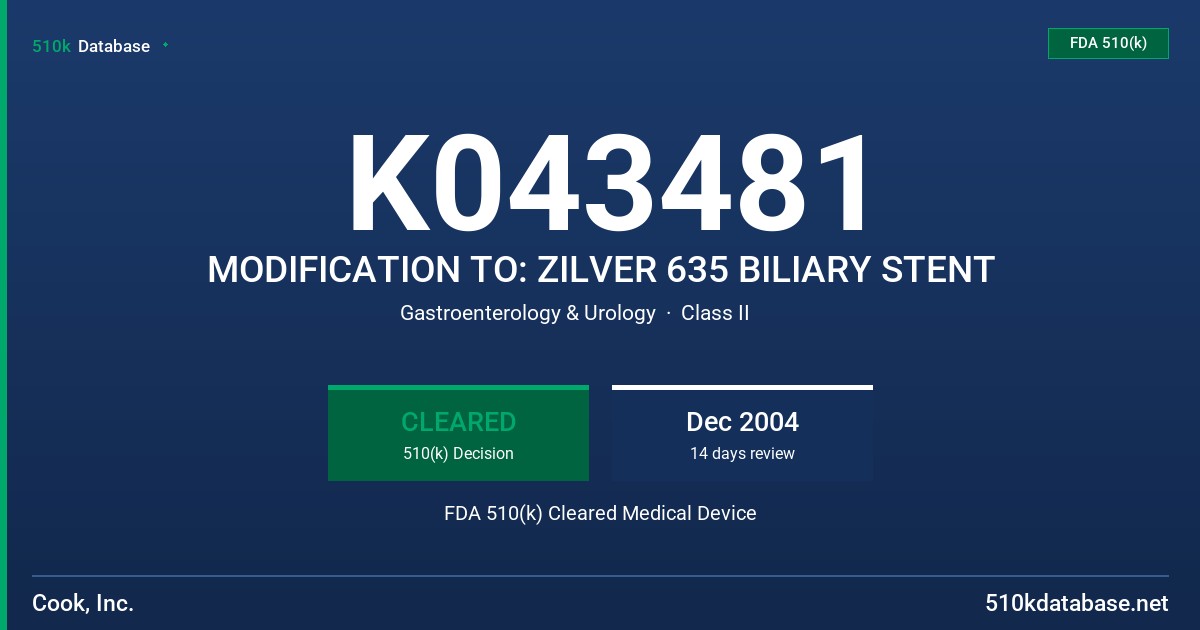K043481 MODIFICATION TO: ZILVER 635 BILIARY STENT FDA 510(k) Cleared Medical Device