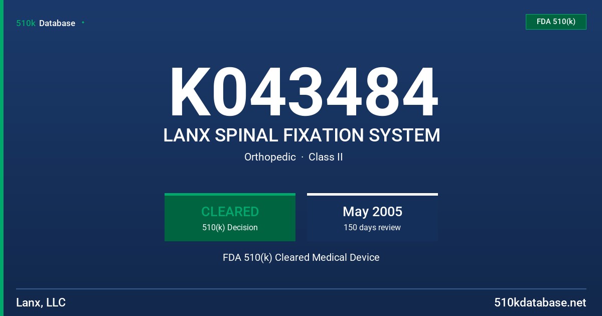 K043484 LANX SPINAL FIXATION SYSTEM FDA 510(k) Cleared Medical Device