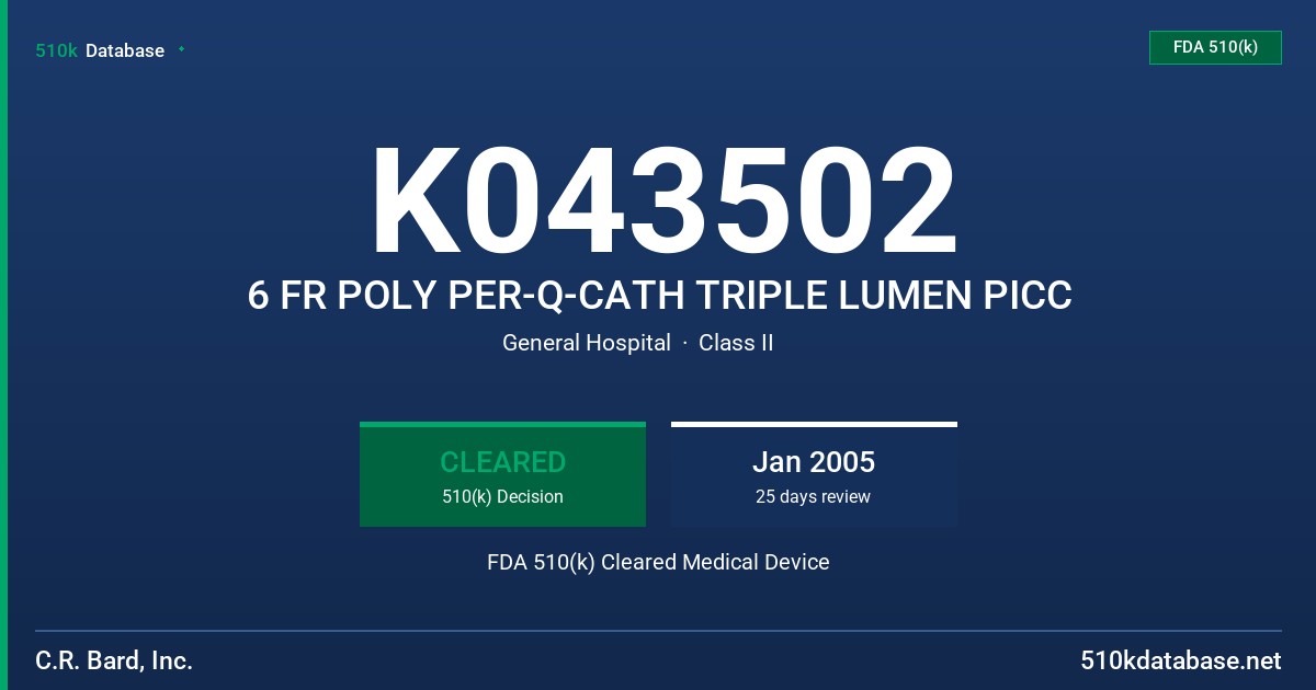 K043502 6 FR POLY PER-Q-CATH TRIPLE LUMEN PICC FDA 510(k) Cleared Medical Device