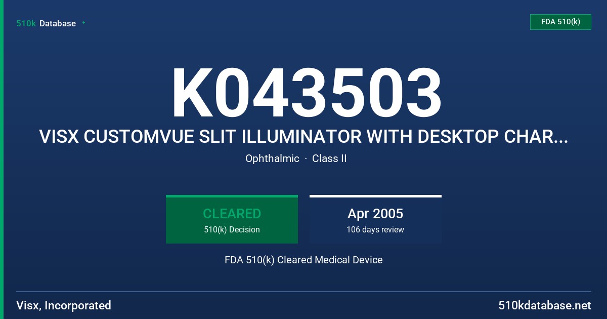 K043503 VISX CUSTOMVUE SLIT ILLUMINATOR WITH DESKTOP CHARGER, MODEL CV SI-1 FDA 510(k) Cleared Medical Device