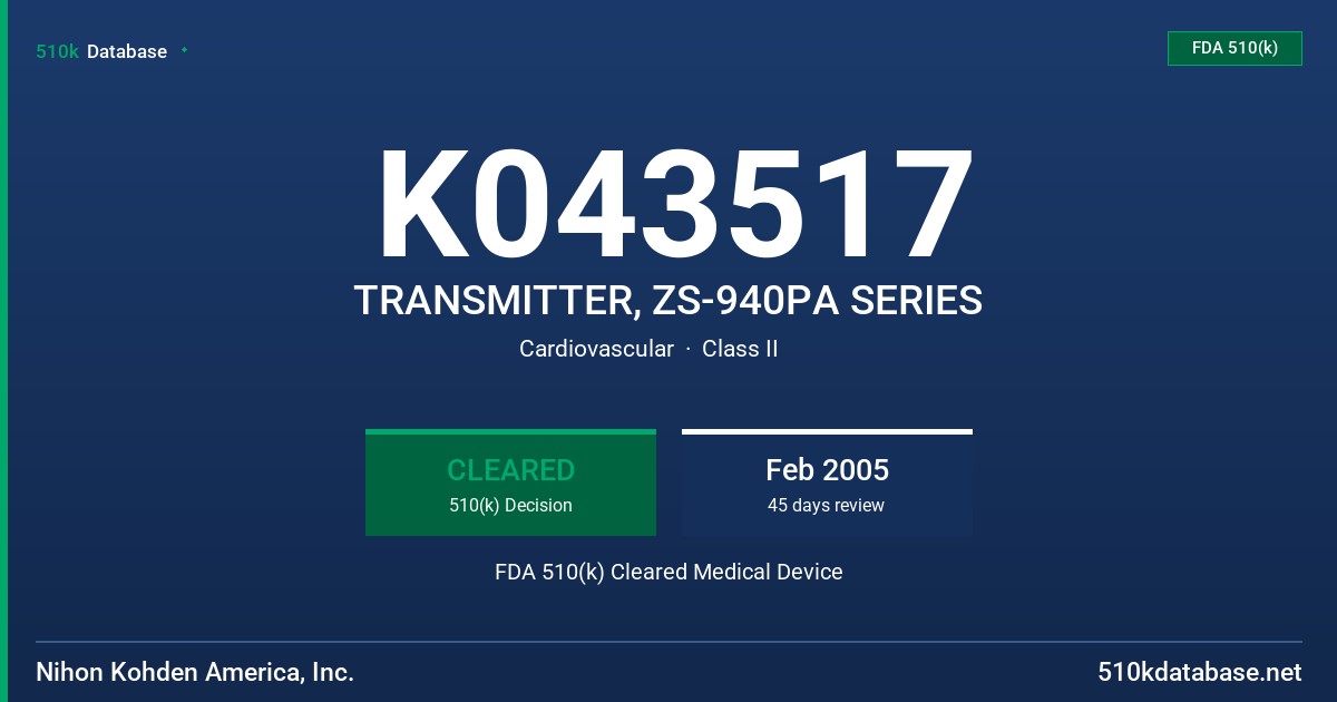 K043517 TRANSMITTER, ZS-940PA SERIES FDA 510(k) Cleared Medical Device