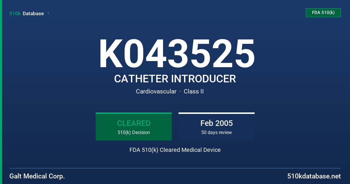 K043525 CATHETER INTRODUCER FDA 510(k) Cleared Medical Device