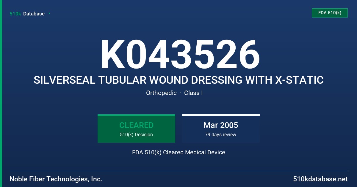K043526 SILVERSEAL TUBULAR WOUND DRESSING WITH X-STATIC FDA 510(k) Cleared Medical Device
