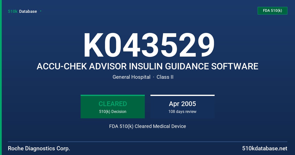 K043529 ACCU-CHEK ADVISOR INSULIN GUIDANCE SOFTWARE FDA 510(k) Cleared Medical Device
