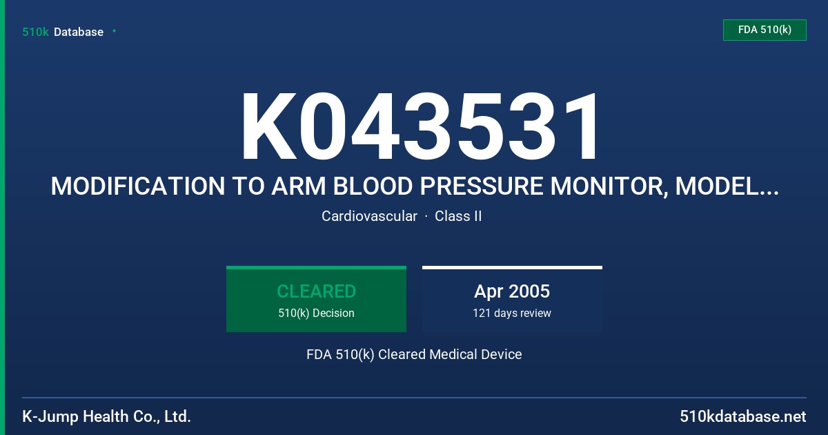 K043531 MODIFICATION TO ARM BLOOD PRESSURE MONITOR, MODELS KP-6821, KP-6822 FDA 510(k) Cleared Medical Device