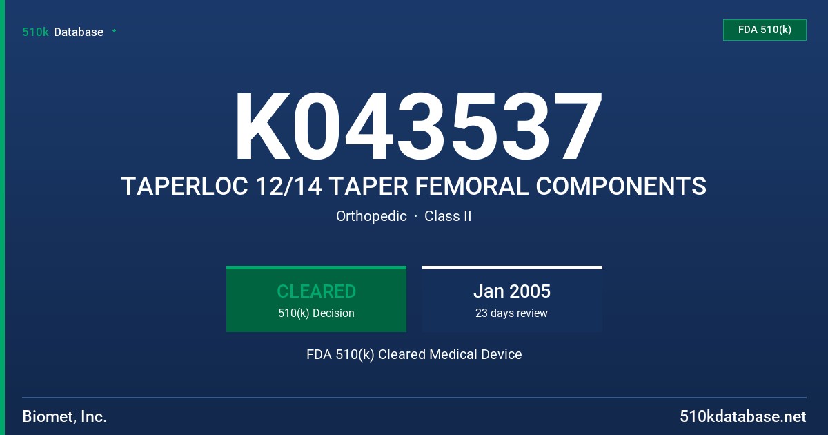 K043537 TAPERLOC 12/14 TAPER FEMORAL COMPONENTS FDA 510(k) Cleared Medical Device