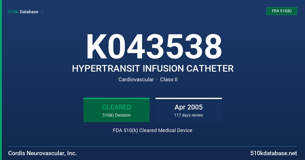 K043538 HYPERTRANSIT INFUSION CATHETER FDA 510(k) Cleared Medical Device