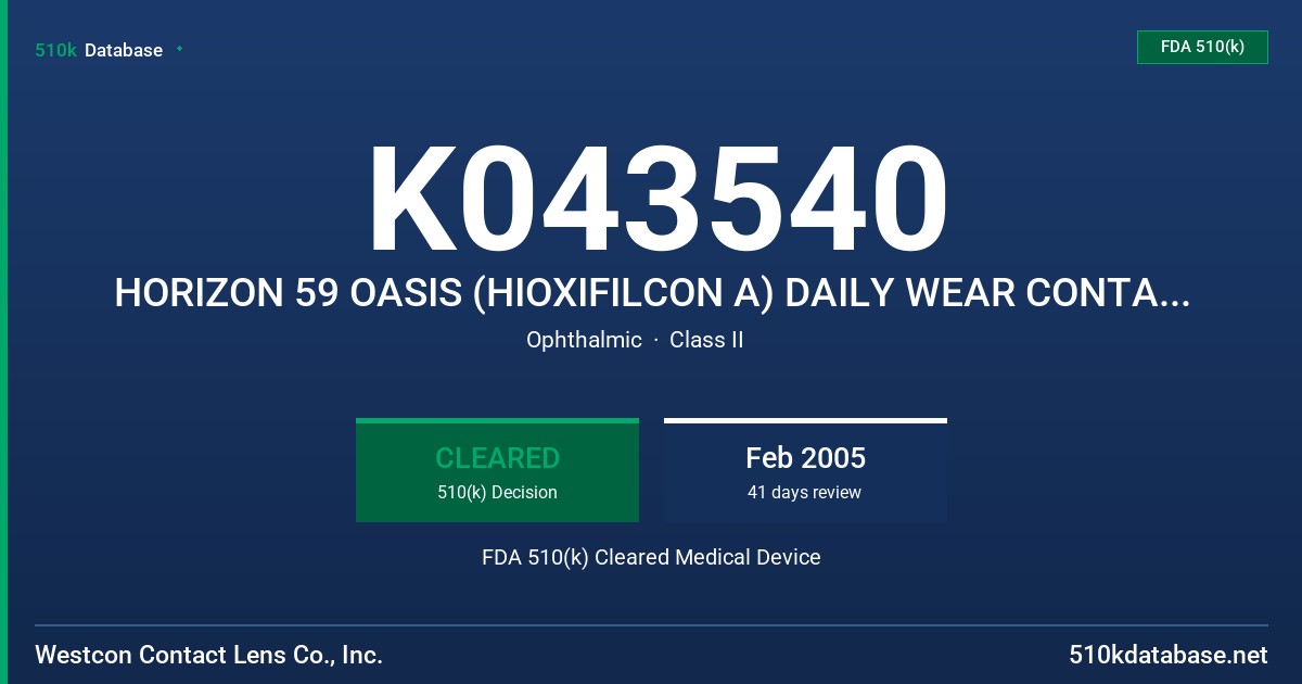 K043540 HORIZON 59 OASIS (HIOXIFILCON A) DAILY WEAR CONTACT LENSES FDA 510(k) Cleared Medical Device
