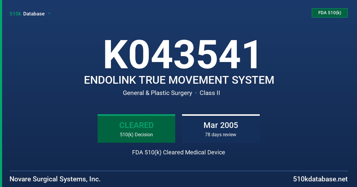 K043541 ENDOLINK TRUE MOVEMENT SYSTEM FDA 510(k) Cleared Medical Device