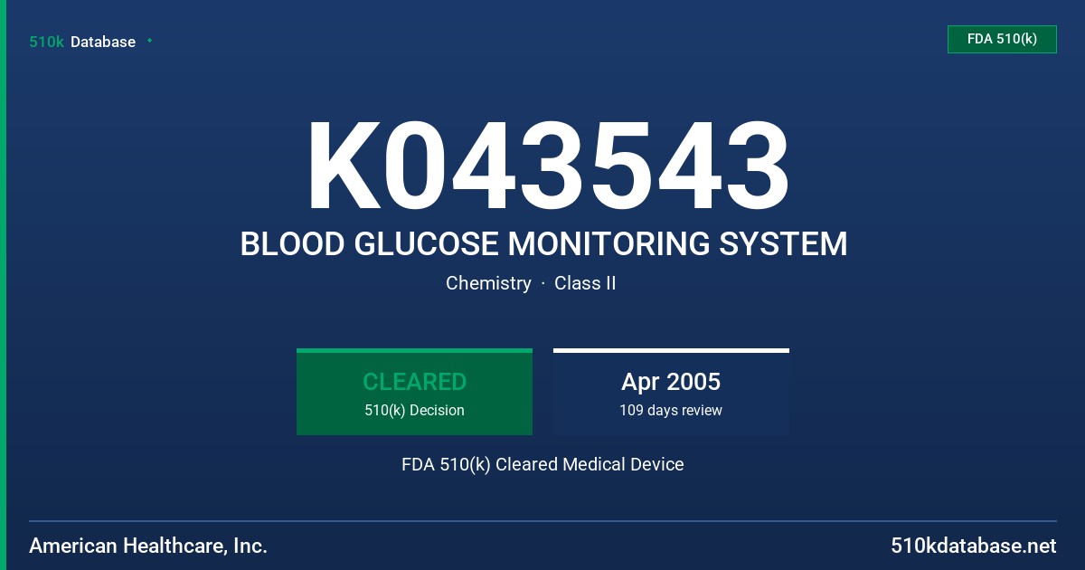 K043543 BLOOD GLUCOSE MONITORING SYSTEM FDA 510(k) Cleared Medical Device