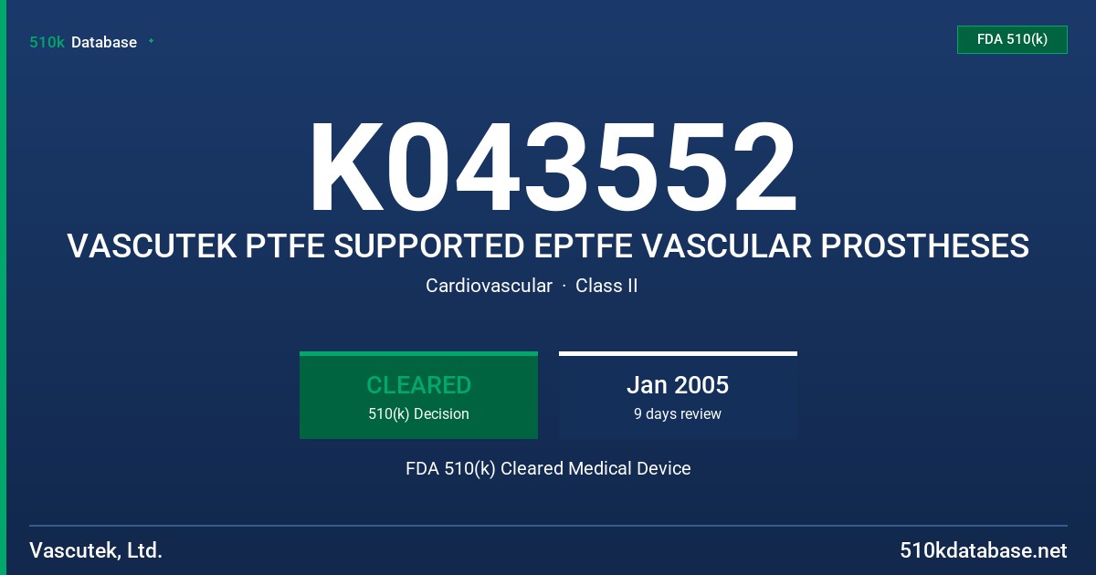K043552 VASCUTEK PTFE SUPPORTED EPTFE VASCULAR PROSTHESES FDA 510(k) Cleared Medical Device