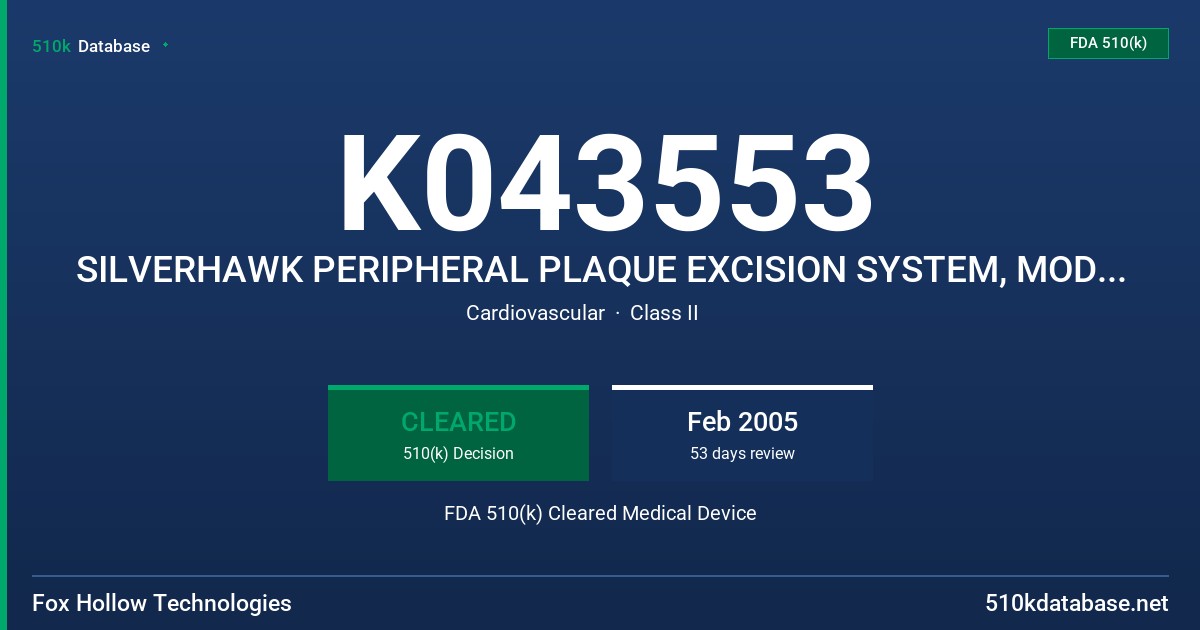 K043553 SILVERHAWK PERIPHERAL PLAQUE EXCISION SYSTEM, MODELS 02550,04800, 05200, 02406, 04706, 04300 FDA 510(k) Cleared Medical Device