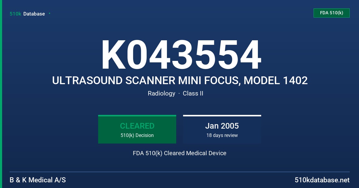 K043554 ULTRASOUND SCANNER MINI FOCUS, MODEL 1402 FDA 510(k) Cleared Medical Device