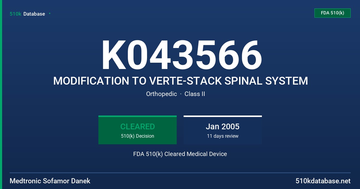 K043566 MODIFICATION TO VERTE-STACK SPINAL SYSTEM FDA 510(k) Cleared Medical Device
