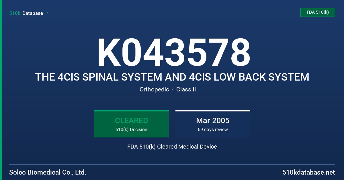 K043578 THE 4CIS SPINAL SYSTEM AND 4CIS LOW BACK SYSTEM FDA 510(k) Cleared Medical Device