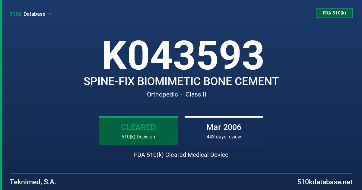 K043593 SPINE-FIX BIOMIMETIC BONE CEMENT FDA 510(k) Cleared Medical Device