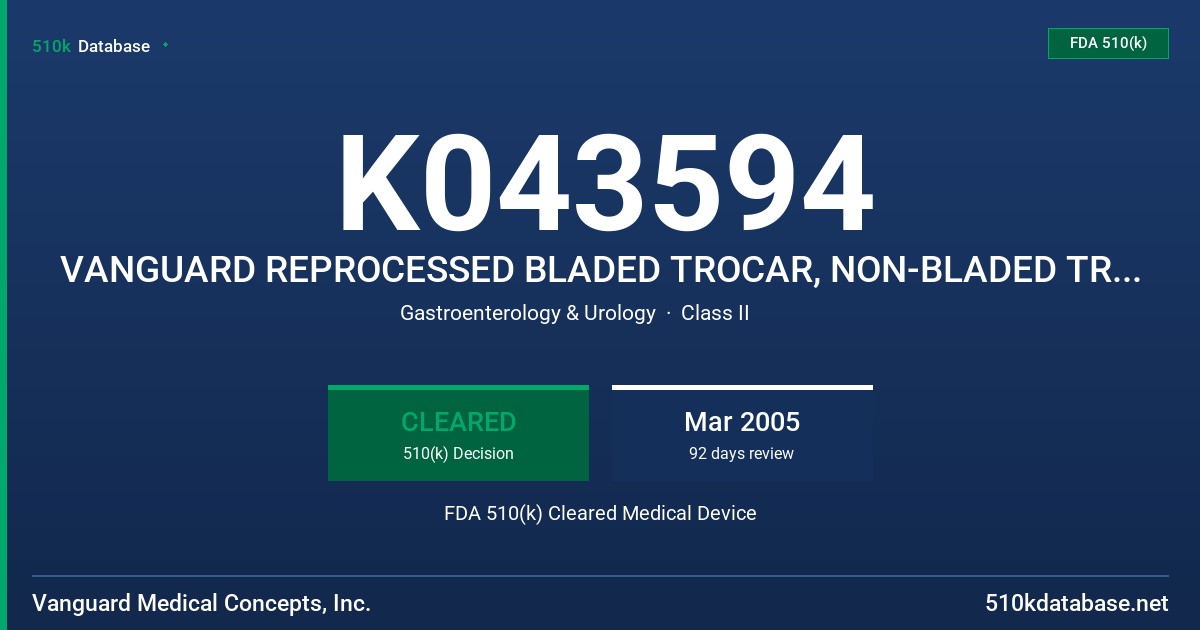 K043594 VANGUARD REPROCESSED BLADED TROCAR, NON-BLADED TROCAR, TROCAR ACCESSORIES FDA 510(k) Cleared Medical Device
