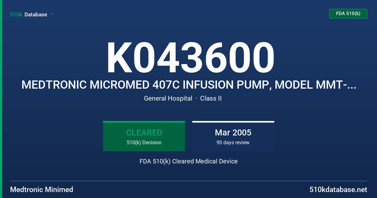 K043600 MEDTRONIC MICROMED 407C INFUSION PUMP, MODEL MMT-407C FDA 510(k) Cleared Medical Device