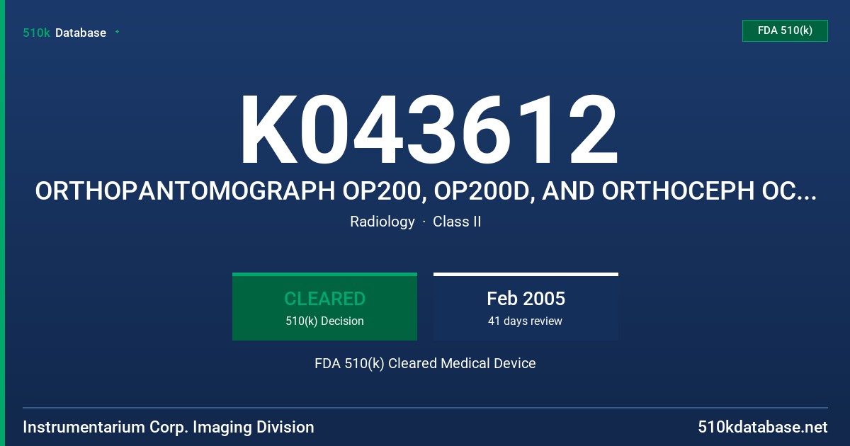 K043612 ORTHOPANTOMOGRAPH OP200, OP200D, AND ORTHOCEPH OC200, OC200D FDA 510(k) Cleared Medical Device