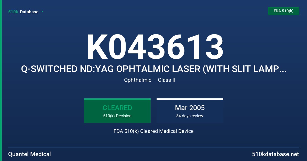 K043613 Q-SWITCHED ND:YAG OPHTALMIC LASER (WITH SLIT LAMP), MODEL OPTIMIS II FDA 510(k) Cleared Medical Device