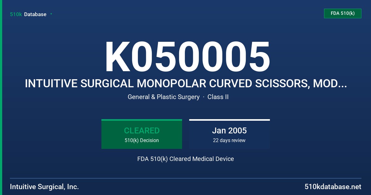 K050005 INTUITIVE SURGICAL MONOPOLAR CURVED SCISSORS, MODEL 400179 FDA 510(k) Cleared Medical Device