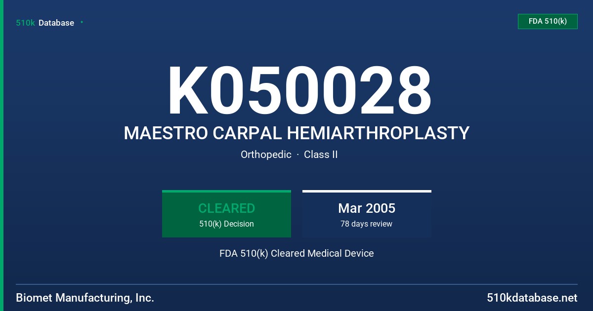 K050028 MAESTRO CARPAL HEMIARTHROPLASTY FDA 510(k) Cleared Medical Device
