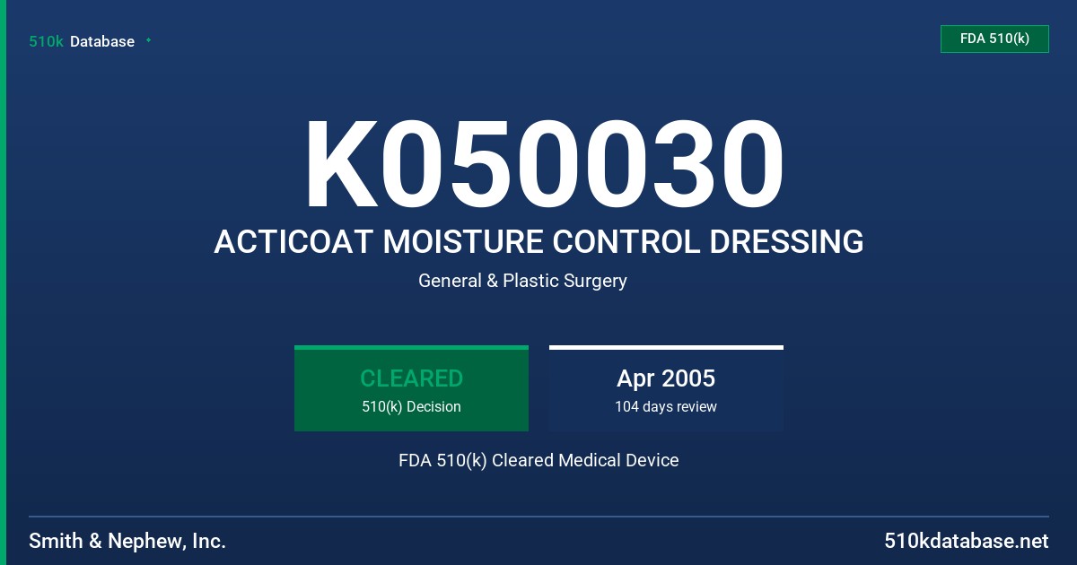 K050030 ACTICOAT MOISTURE CONTROL DRESSING FDA 510(k) Cleared Medical Device