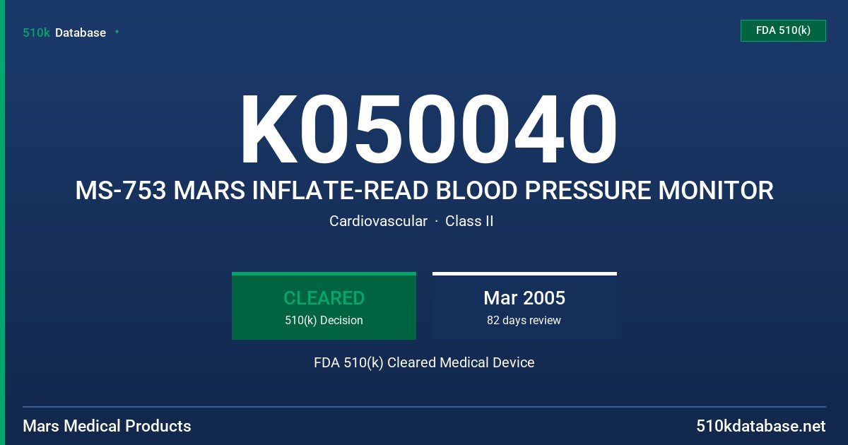 K050040 MS-753 MARS INFLATE-READ BLOOD PRESSURE MONITOR FDA 510(k) Cleared Medical Device