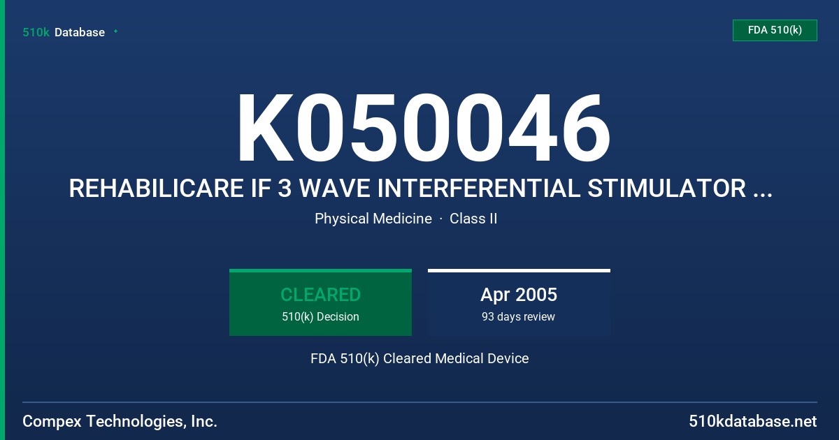K050046 REHABILICARE IF 3 WAVE INTERFERENTIAL STIMULATOR SYSTEM, MODEL 7110S FDA 510(k) Cleared Medical Device
