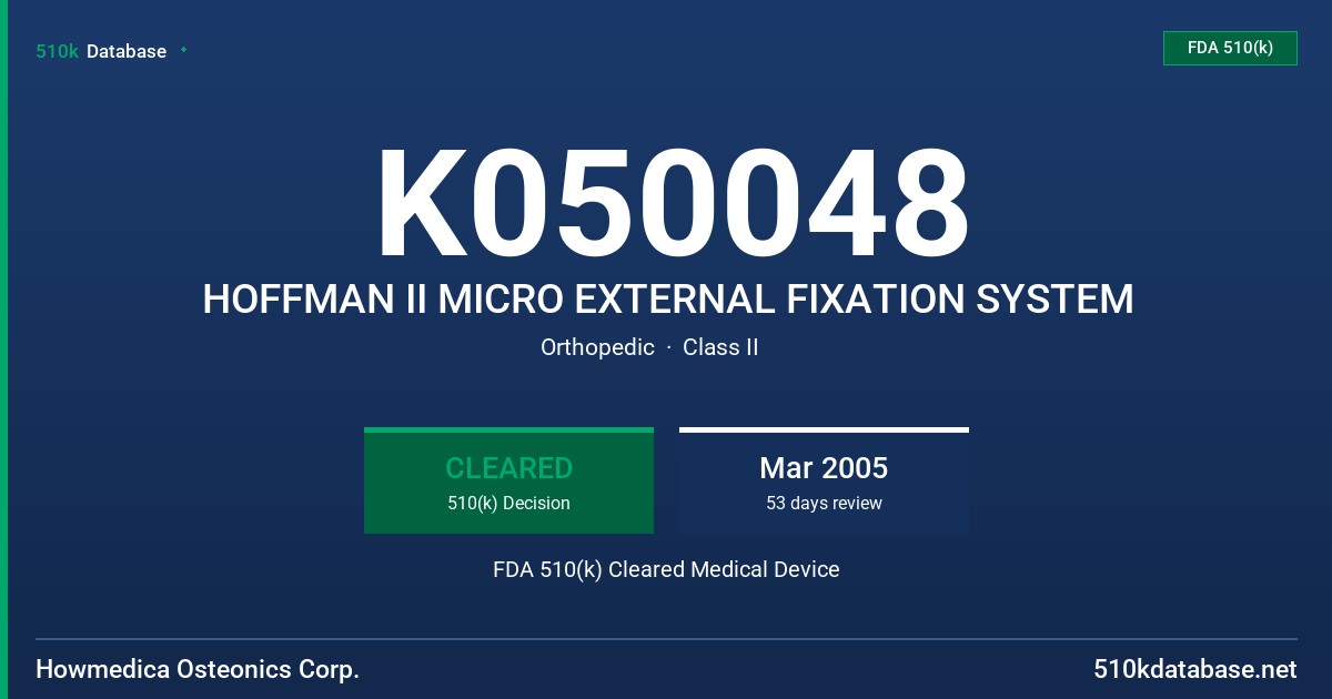 K050048 HOFFMAN II MICRO EXTERNAL FIXATION SYSTEM FDA 510(k) Cleared Medical Device