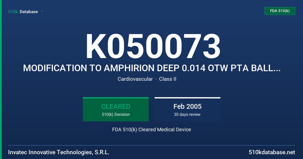 K050073 MODIFICATION TO AMPHIRION DEEP 0.014 OTW PTA BALLOON CATHETER FDA 510(k) Cleared Medical Device