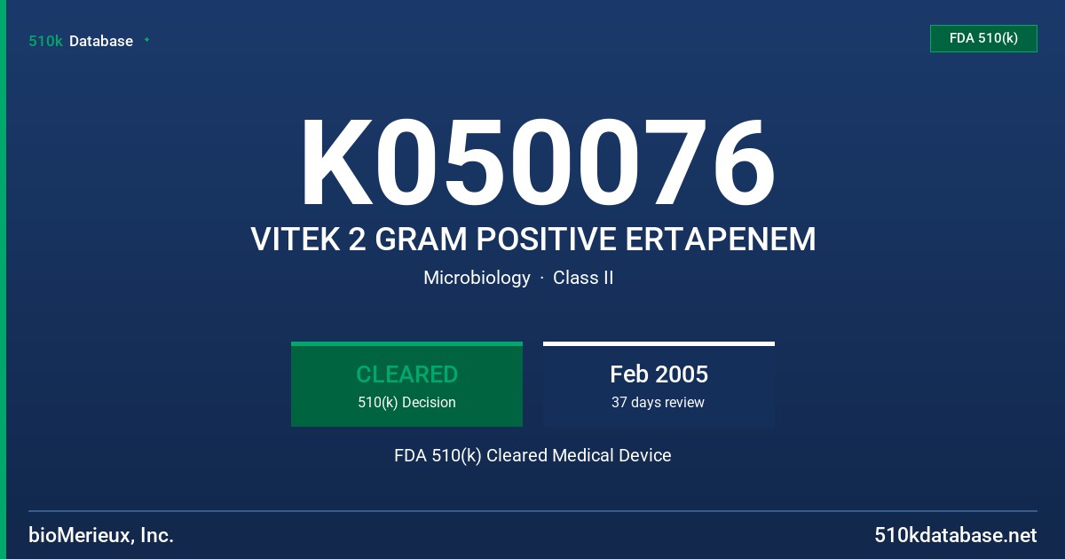 K050076 VITEK 2 GRAM POSITIVE ERTAPENEM FDA 510(k) Cleared Medical Device