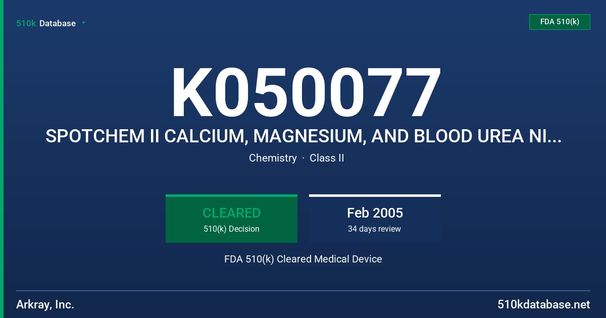 K050077 SPOTCHEM II CALCIUM, MAGNESIUM, AND BLOOD UREA NITROGEN TESTS FDA 510(k) Cleared Medical Device