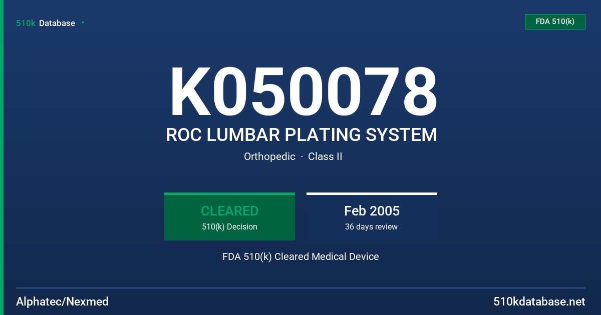 K050078 ROC LUMBAR PLATING SYSTEM FDA 510(k) Cleared Medical Device