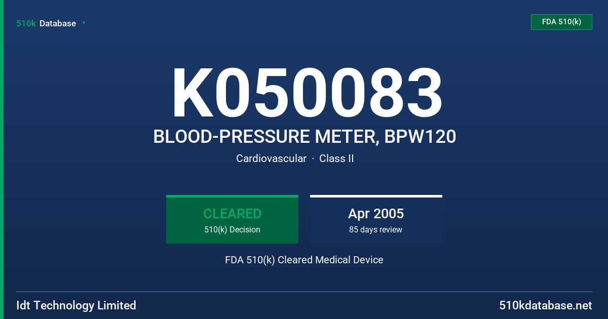 K050083 BLOOD-PRESSURE METER, BPW120 FDA 510(k) Cleared Medical Device