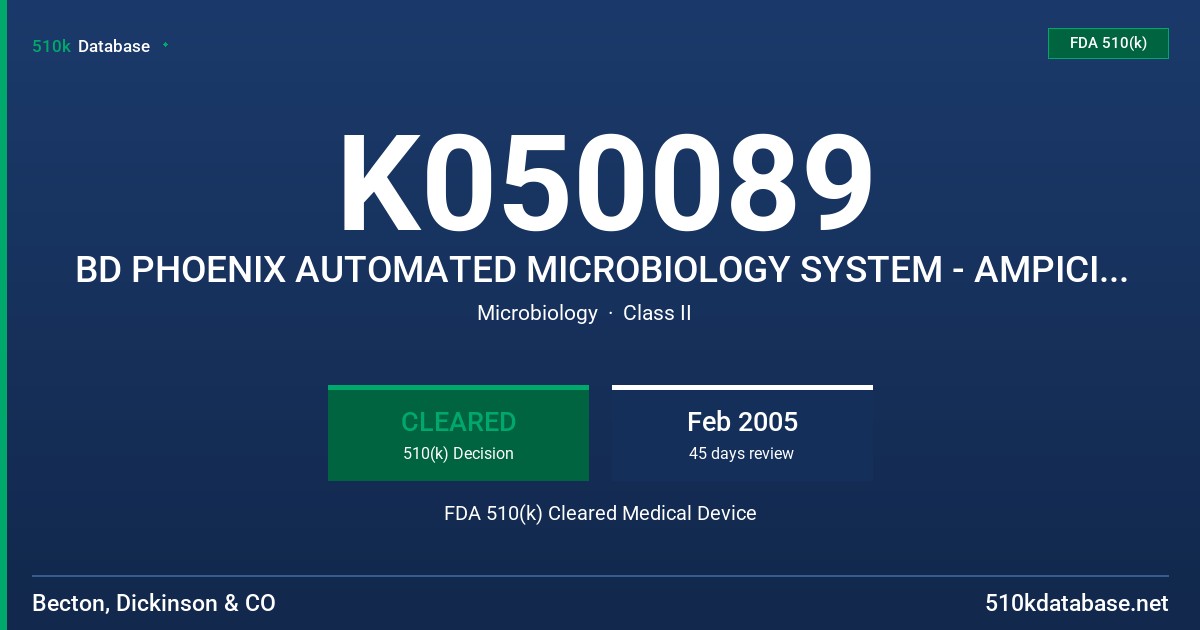 K050089 BD PHOENIX AUTOMATED MICROBIOLOGY SYSTEM - AMPICILLIN-SULBACTAM (GP) 2-32 UG/ML FDA 510(k) Cleared Medical Device