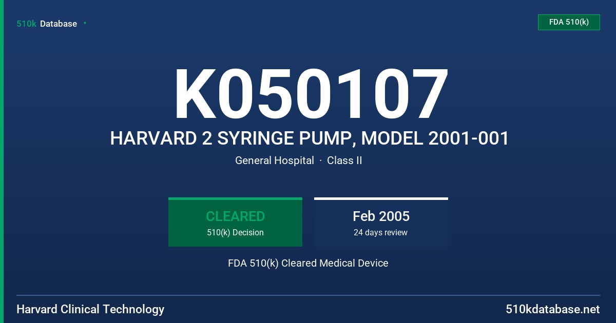 K050107 HARVARD 2 SYRINGE PUMP, MODEL 2001-001 FDA 510(k) Cleared Medical Device