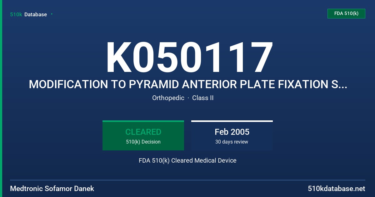 K050117 MODIFICATION TO PYRAMID ANTERIOR PLATE FIXATION SYSTEM FDA 510(k) Cleared Medical Device