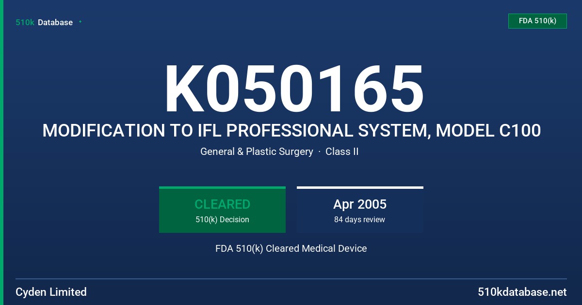 K050165 MODIFICATION TO IFL PROFESSIONAL SYSTEM, MODEL C100 FDA 510(k) Cleared Medical Device